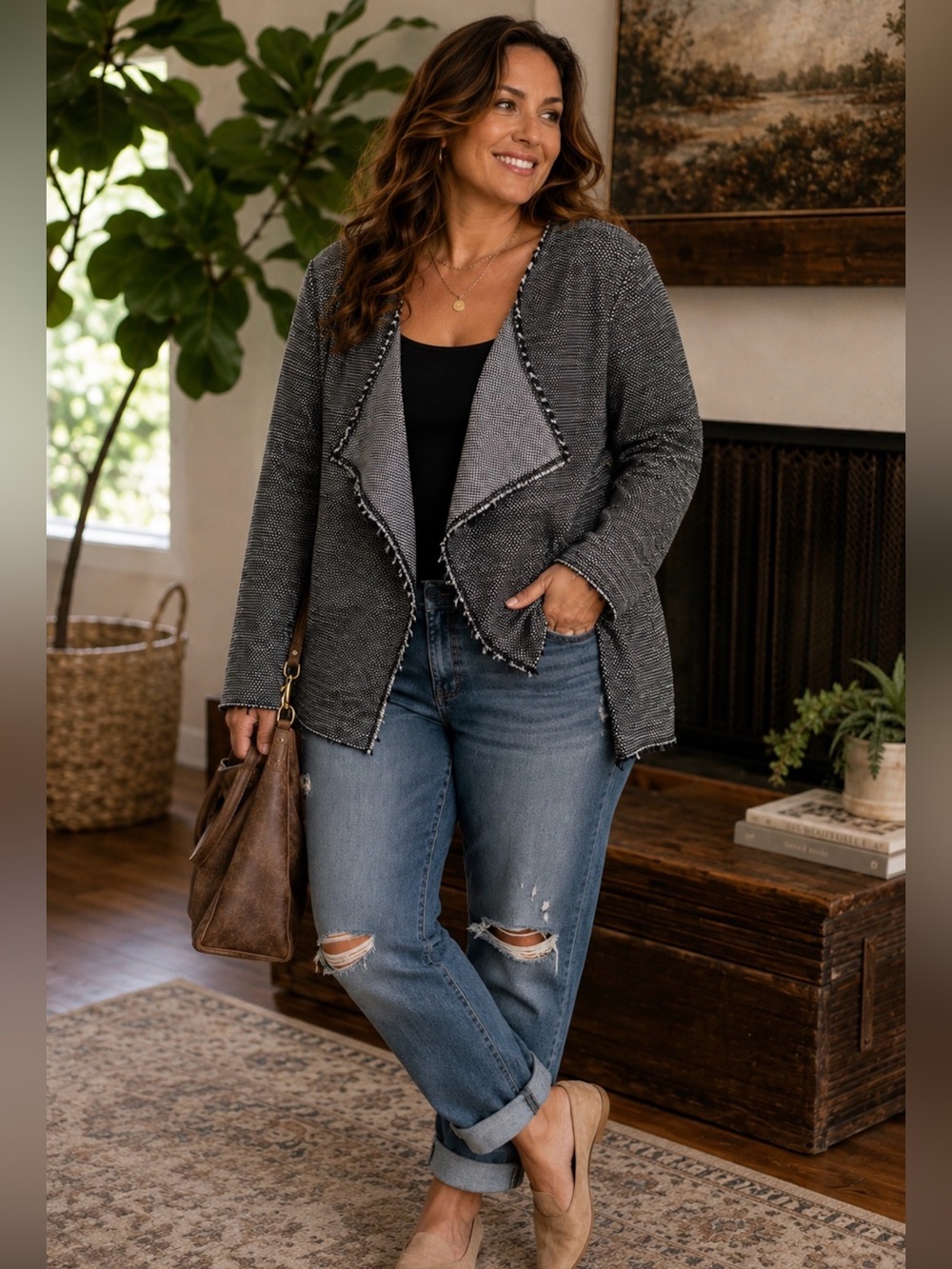 Eileen Fisher L Organic Cotton Tweed Open Front Draped Cardigan Jacket